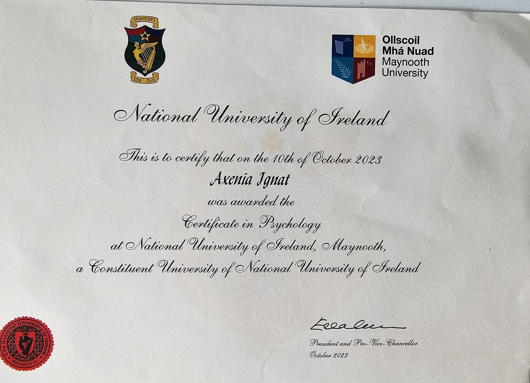 Certificat în Psihologie acordat Axeniei Ignat de National University of Ireland, Maynooth, în octombrie 2023